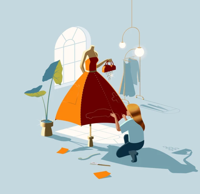 Illustration of a fashion design concept featuring a woman kneeling and designing a dress on a mannequin with purse and accessories.
