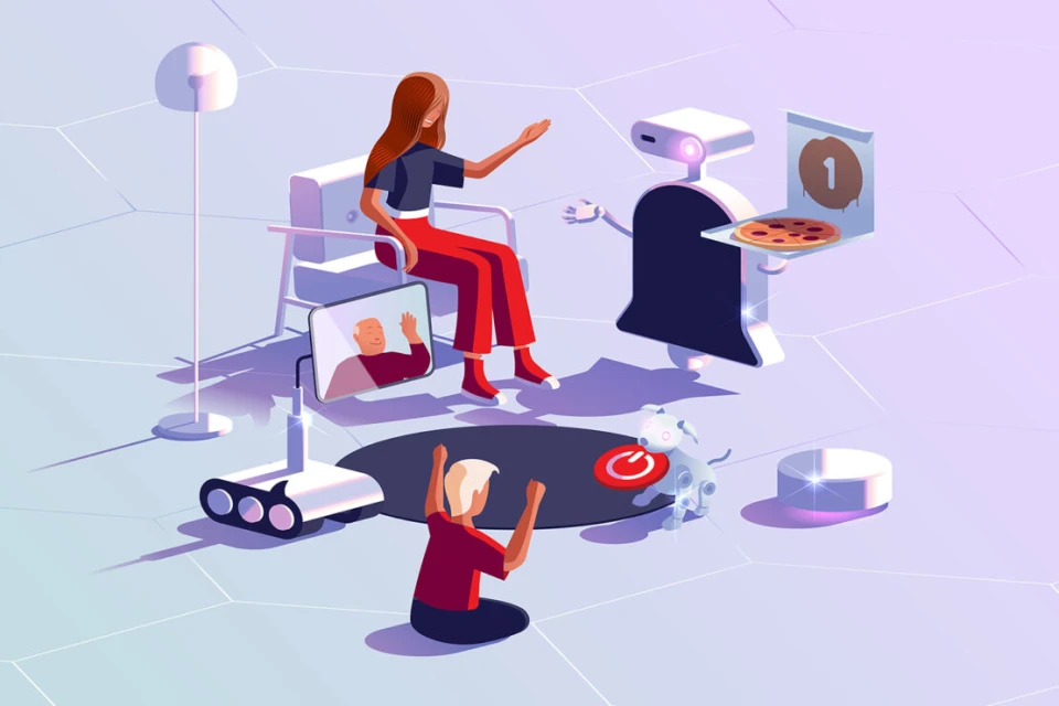 Isometric illustration of a woman in video call on a screen, robot serving pizza, child on floor and dog with toy in an indoor setting.