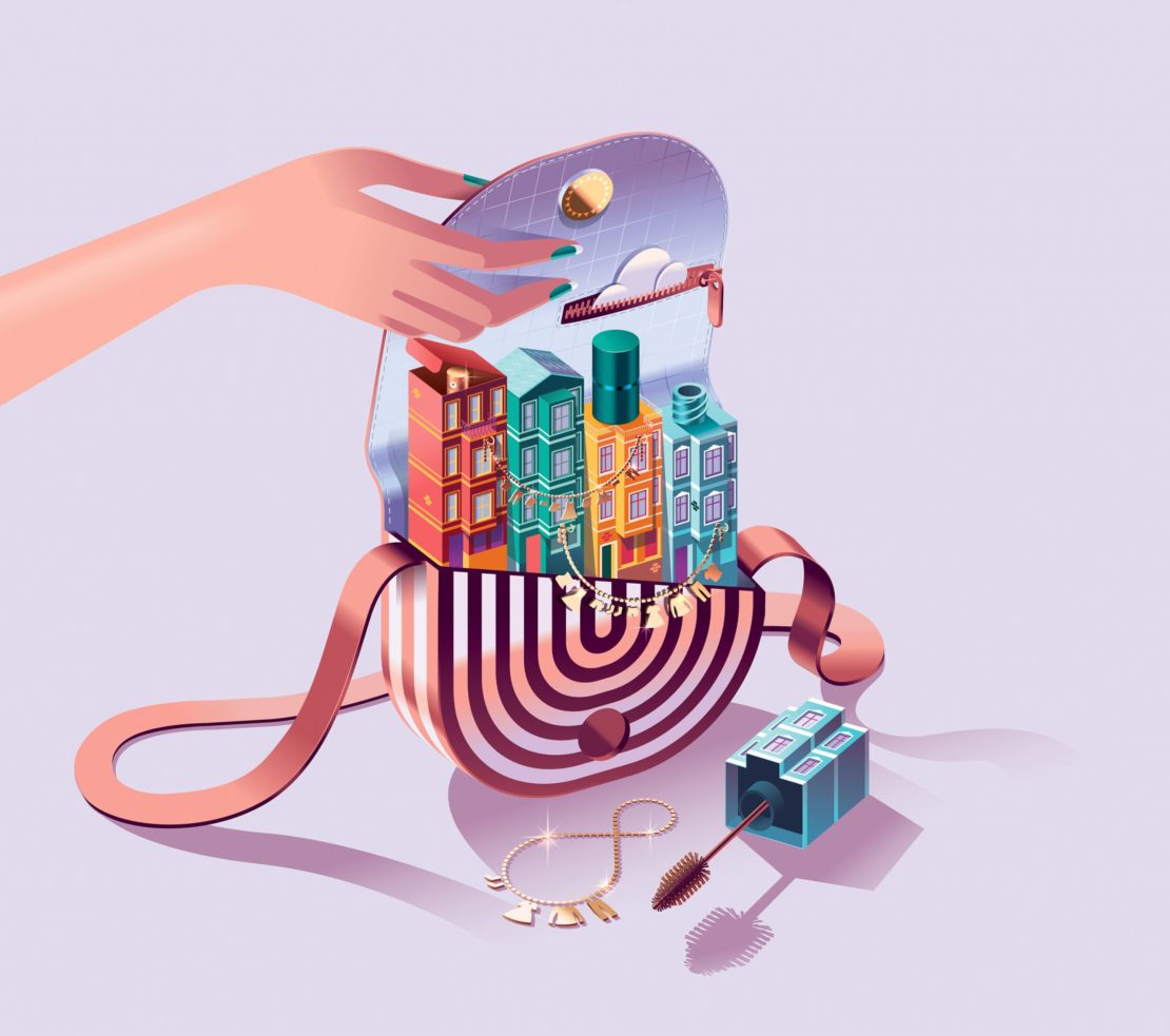 Stylized beauty product illustration featuring a handbag with cosmetic bottles designed as colourful buildings, against a light purple backdrop.