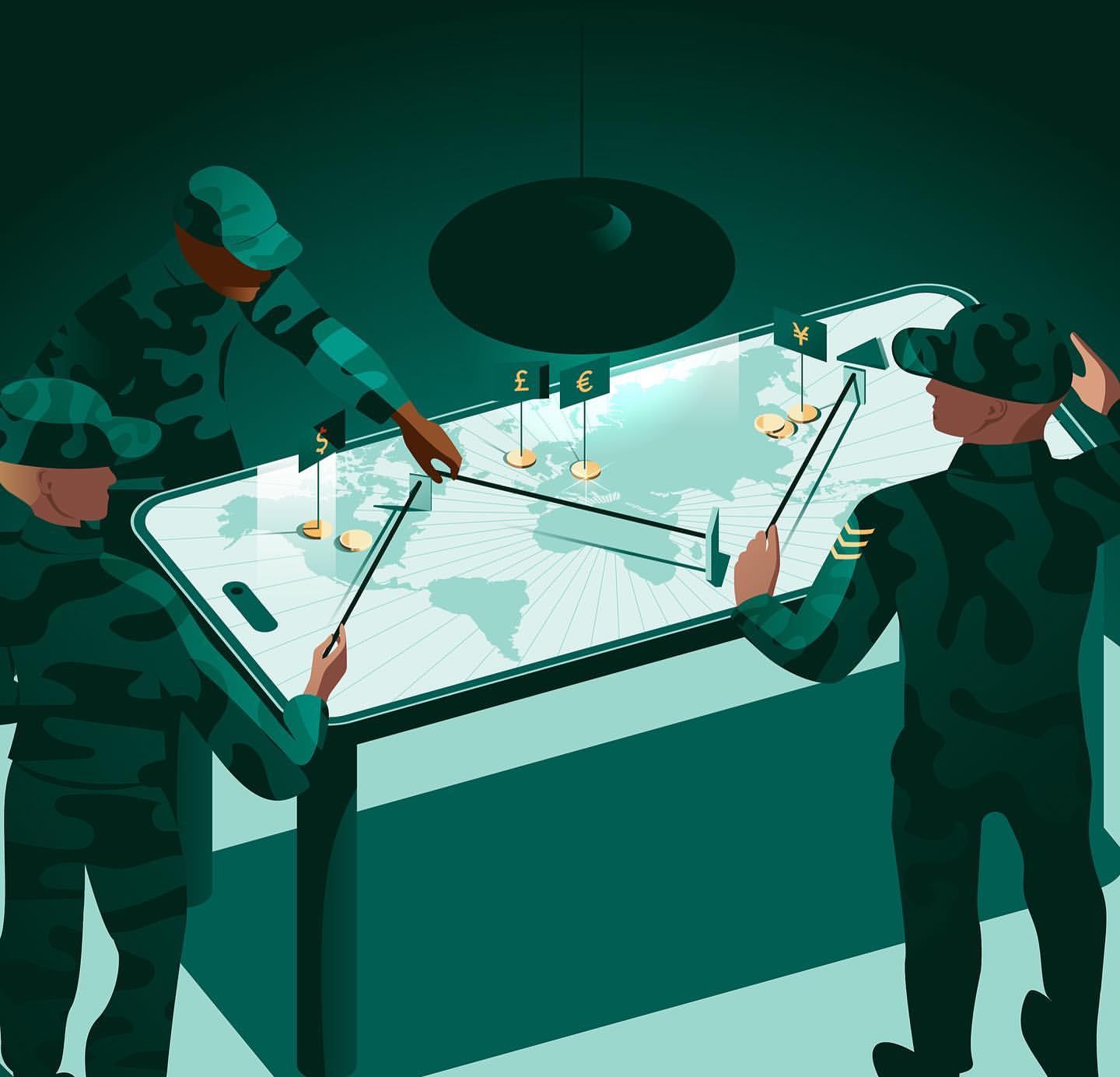 Illustration of three military personnel using pointers on a table-sized smartphone screen displaying a world map and currency flags.