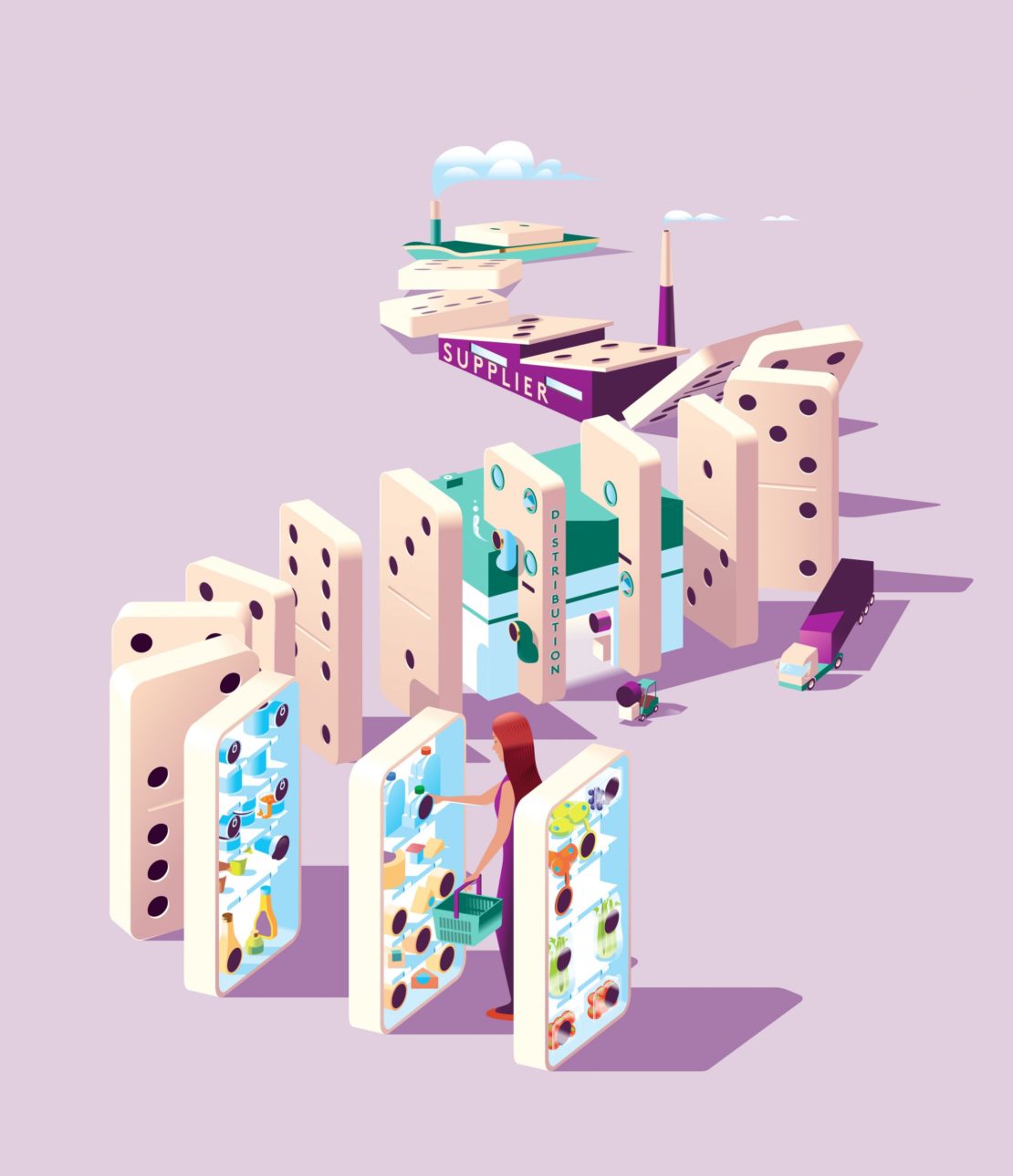 Isometric illustration of a domino effect in the supply chain, showing a female shopper, warehouse, supplier and factory in pastel colors.