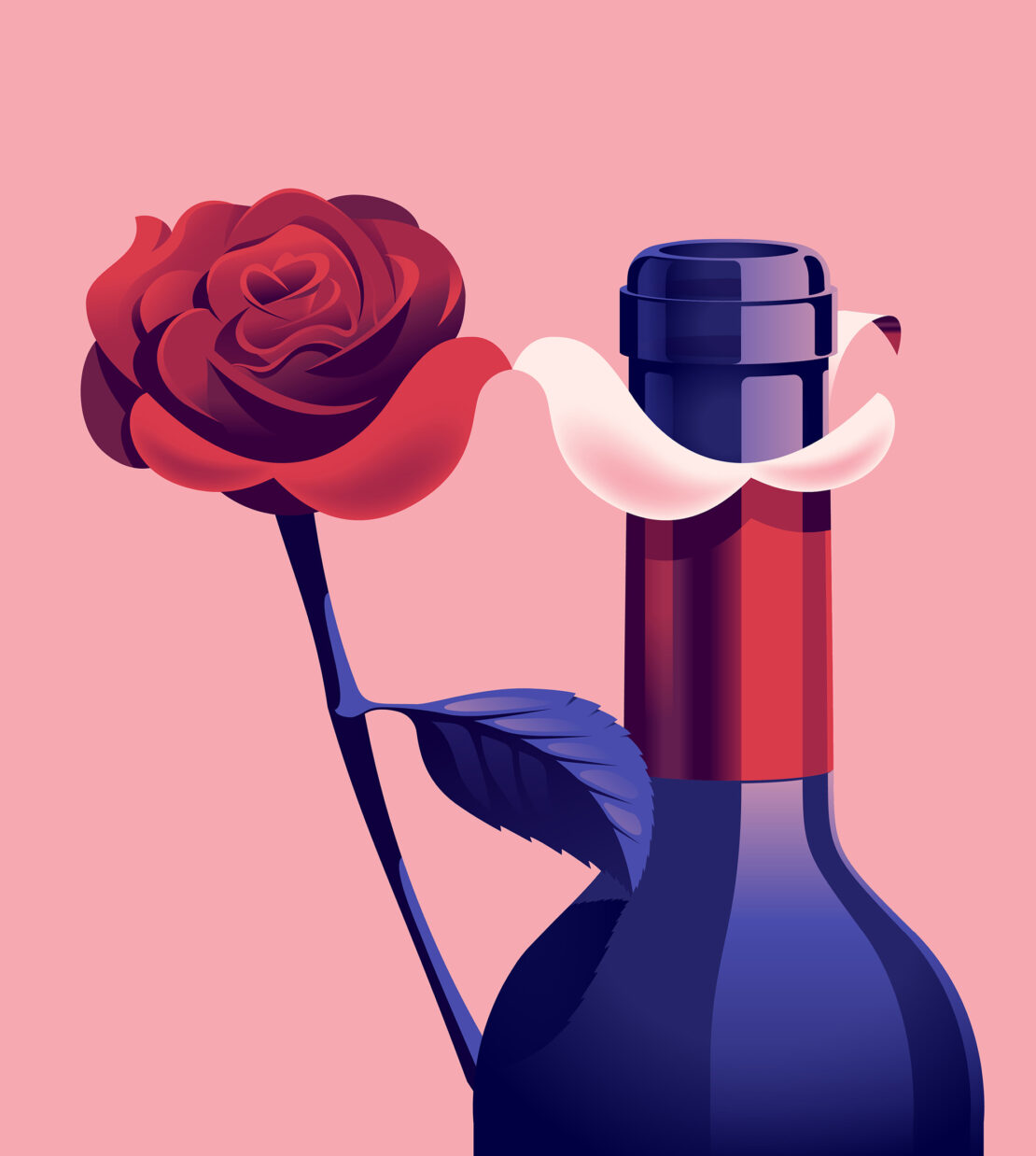 Illustration of a red rose on a stem with a leaf, accompanied by a navy blue wine bottle with a white decorative accent.