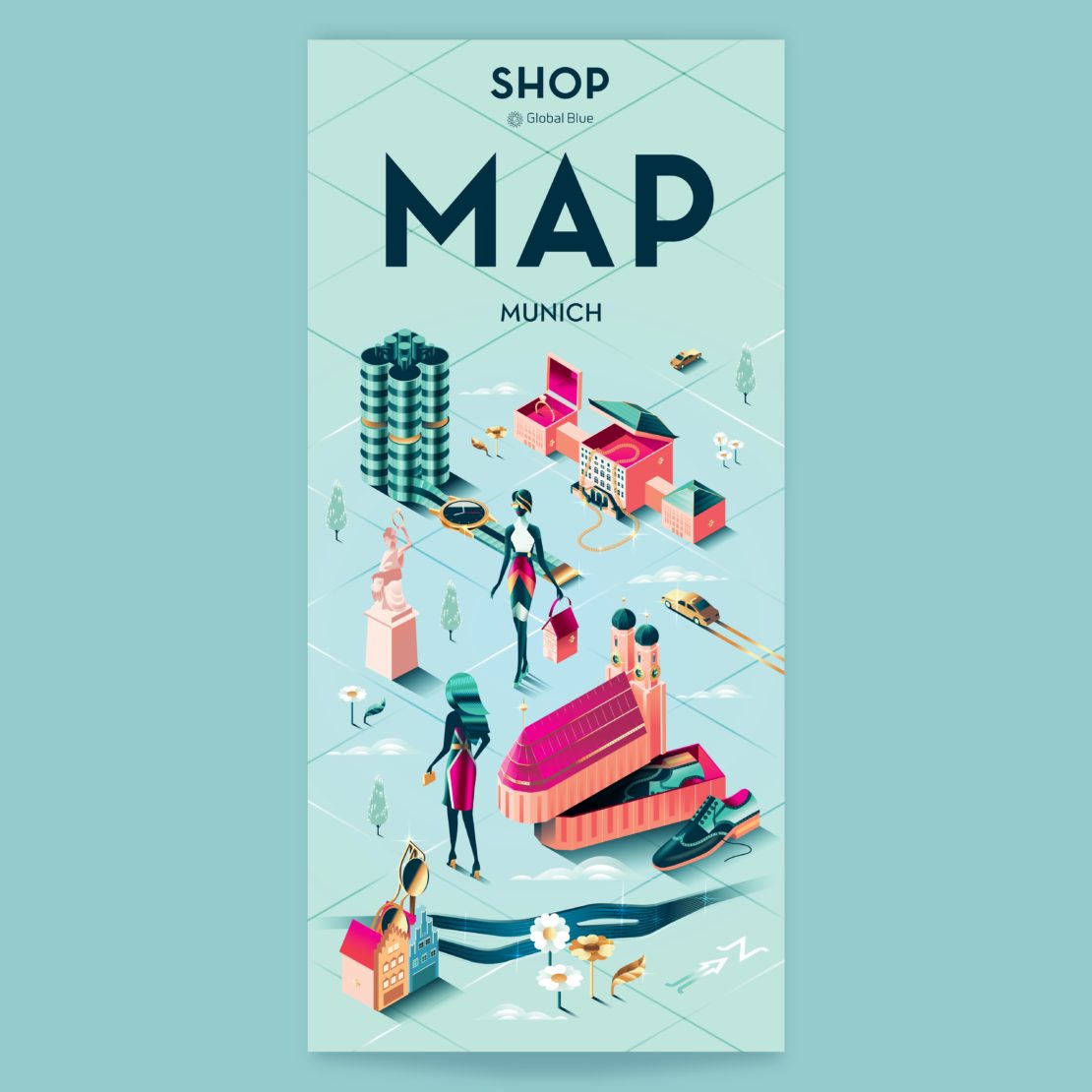 Isometric map illustration of Munich showing fashion, architecture, and cityscape elements on a light teal background.