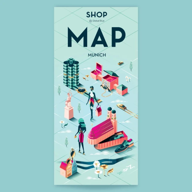 Isometric map illustration of Munich showing fashion, architecture, and cityscape elements on a light teal background.