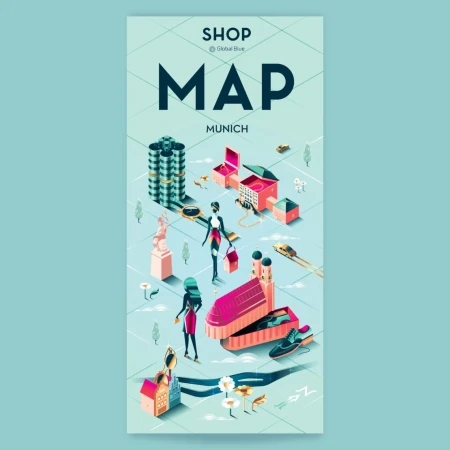 Isometric map illustration of Munich showing fashion, architecture, and cityscape elements on a light teal background.