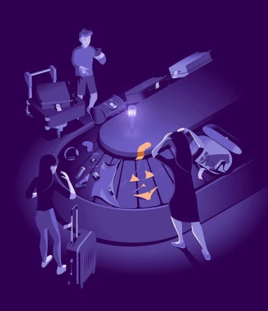 Illustrated scene in purple tones shows three people at an airport baggage carousel with a variety of items on the conveyor belt.