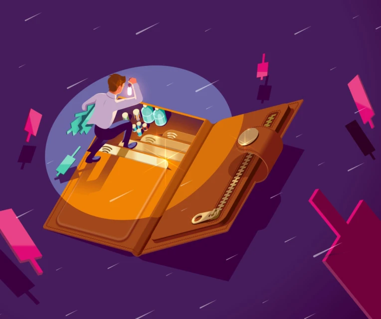 Digital art illustration of a man walking into a wallet with money and water bottles, set against a purple background with abstract shapes.