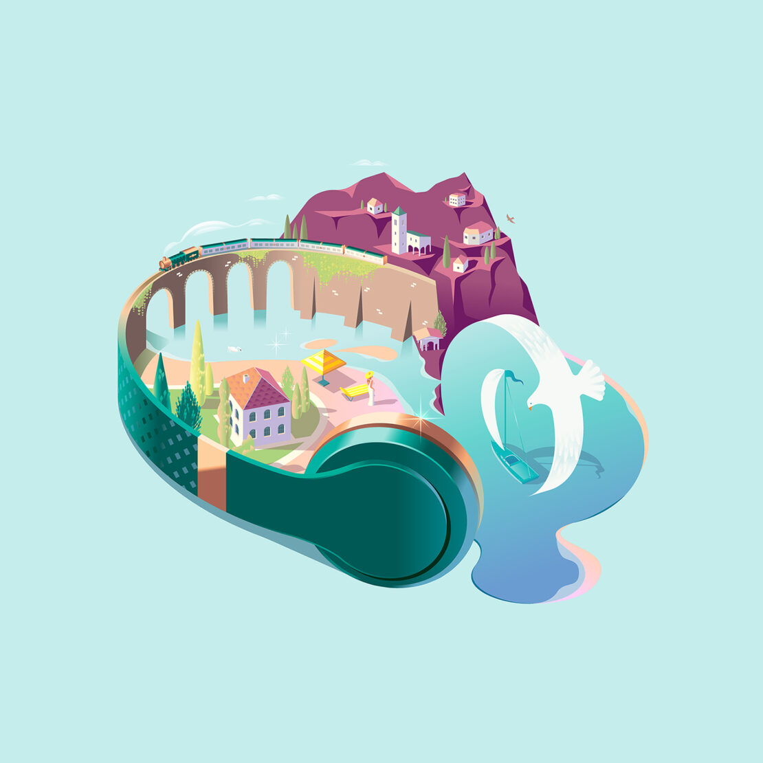 Stylized vector art of headphones containing a summer landscape scene with a train crossing a bridge, houses, birds, and mountains.