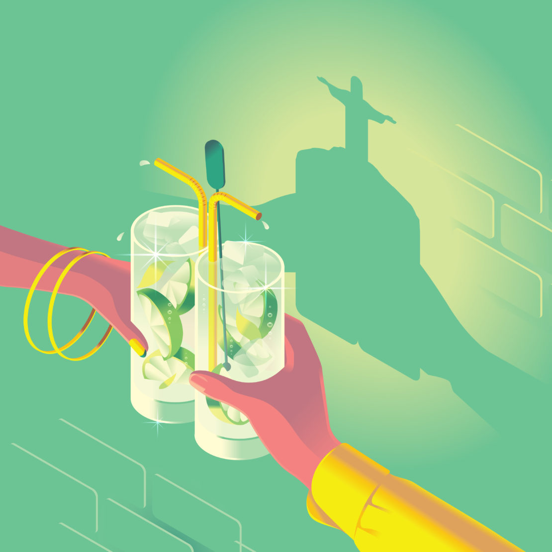 Illustration of two hands holding glasses filled with a beverage with limes and straws, set against a background featuring a Christ the Redeemer statue silhouette.