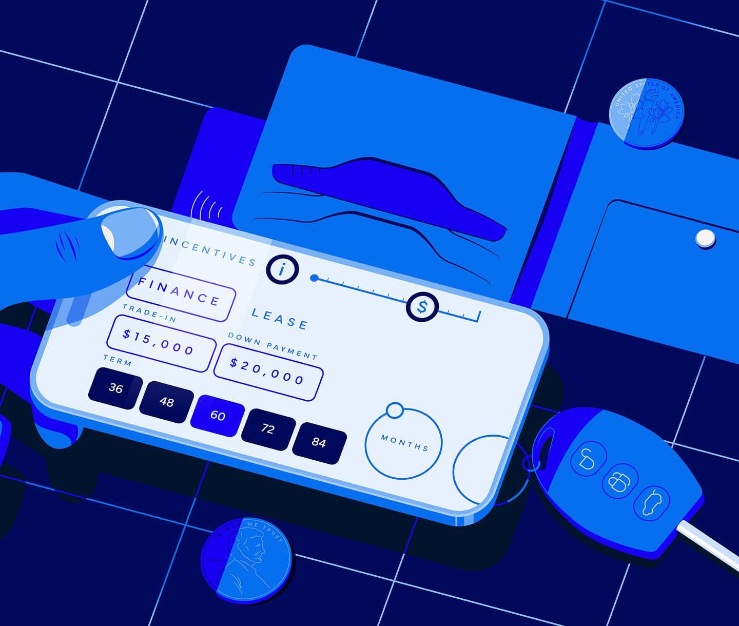 Illustration of a hand holding a smartphone with a car financing app, wallet, car keys, and coins on a dark blue tiled surface.