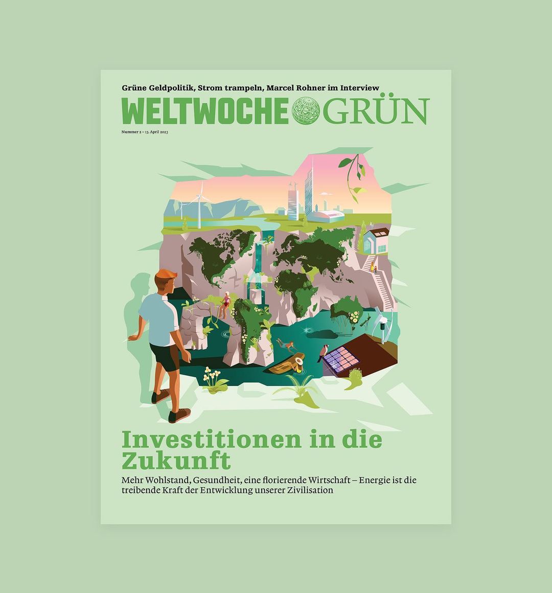 Magazine cover illustration: man in shorts, green 'WELTWOCHE GRÜN' logo, earth graphic with windmills, solar panels, skyscrapers.