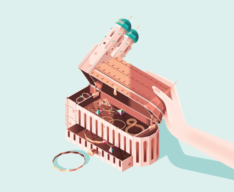Illustration of a hand opening a jewelry box shaped like a building, revealing gold jewelry against a light blue background.