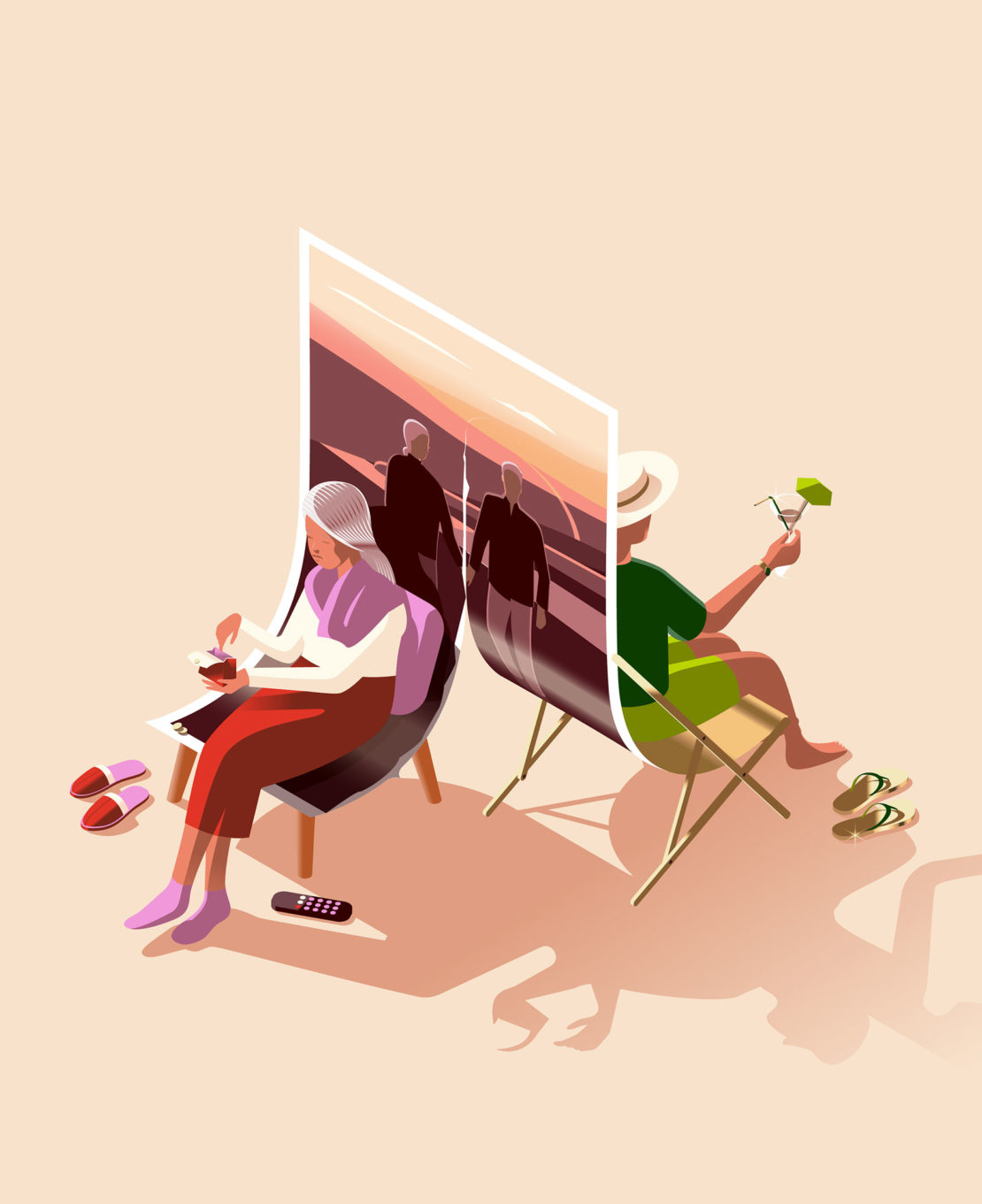 Illustration of an elderly couple relaxing in beach chairs with a sunset photo between them, enjoying drinks, slippers, and remote control.