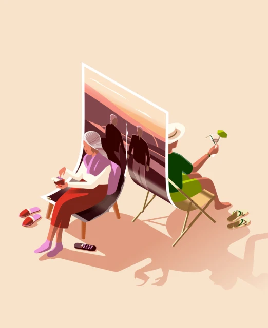 Illustration of an elderly couple relaxing in beach chairs with a sunset photo between them, enjoying drinks, slippers, and remote control.