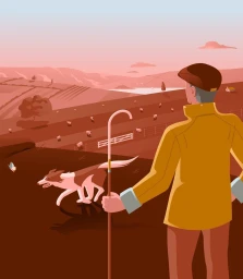 Digital illustration of a shepherd in a yellow coat and flat cap looking over a sheep-filled hillside with a border collie dog