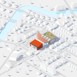 Isometric architectural 3D render of a suburban town layout with a prominent multi-toned building complex