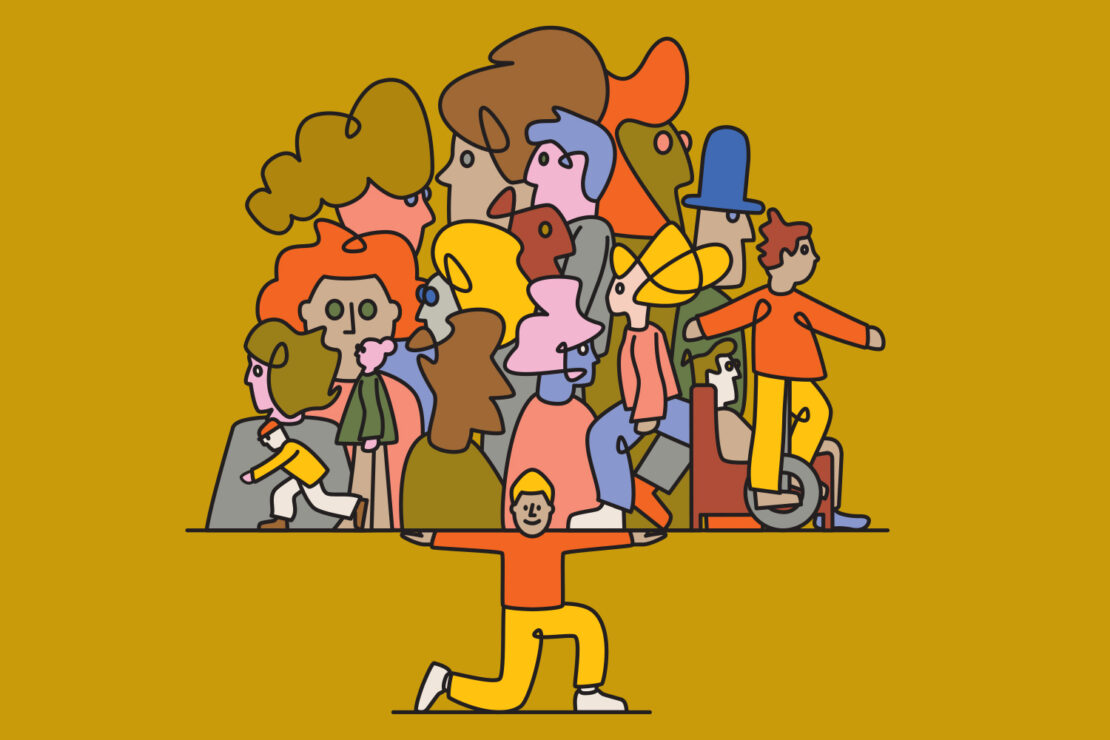 Illustration of diverse people supported by a figure, symbolizing community and support on a warm yellow background, graphic and inclusive.
