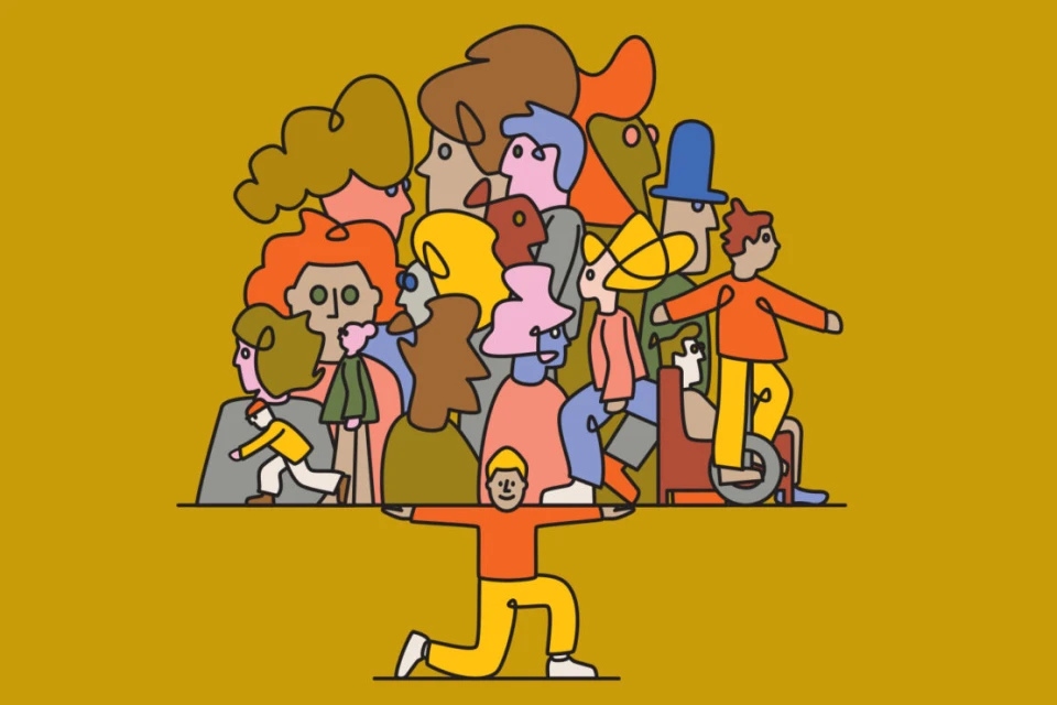 Illustration of diverse people supported by a figure, symbolizing community and support on a warm yellow background, graphic and inclusive.