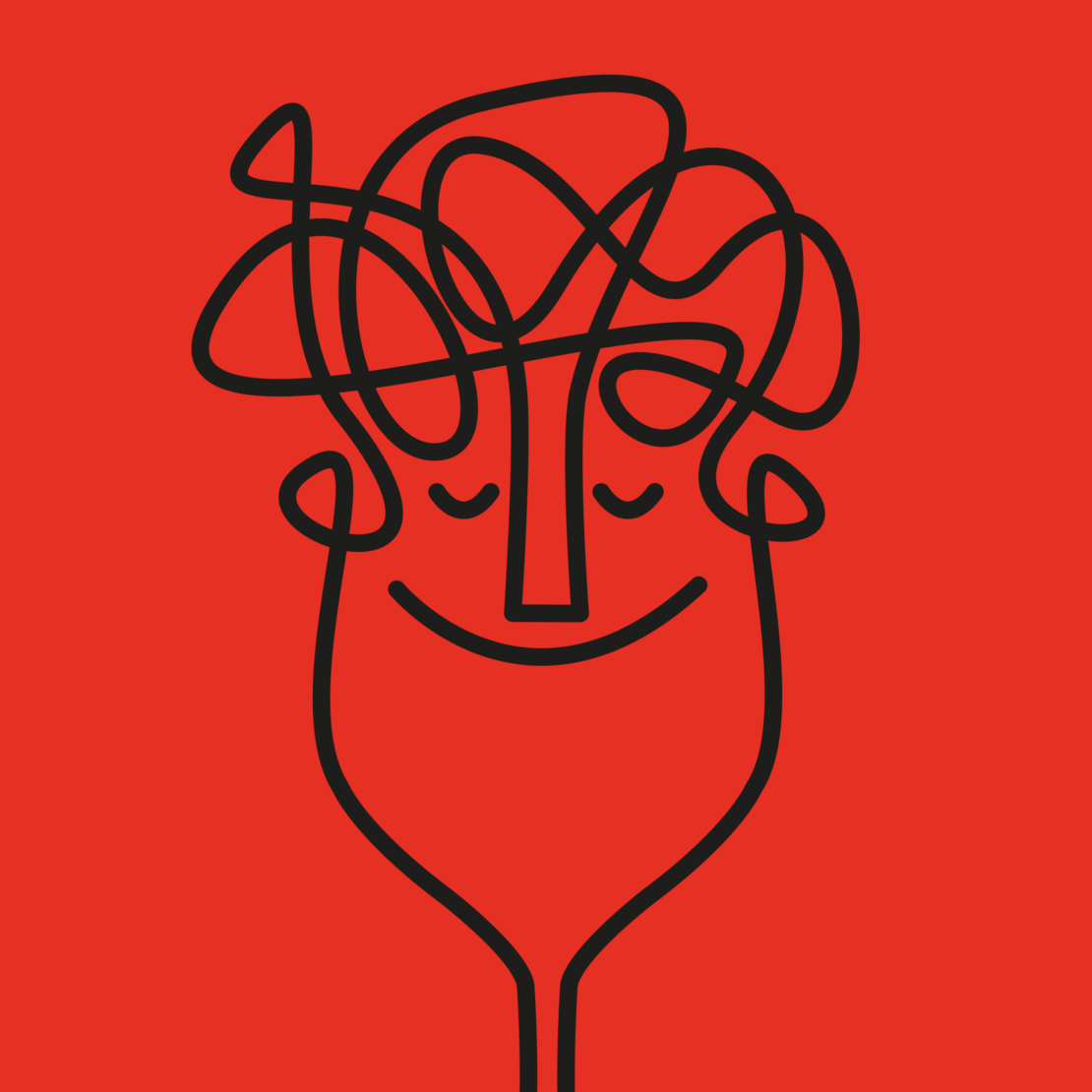 Minimalist line art illustration of a smiling face with a tangled scribbled head against a solid red background by Andy Goodman.
