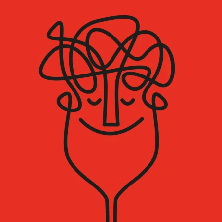 Minimalist line art illustration of a smiling face with a tangled scribbled head against a solid red background by Andy Goodman.