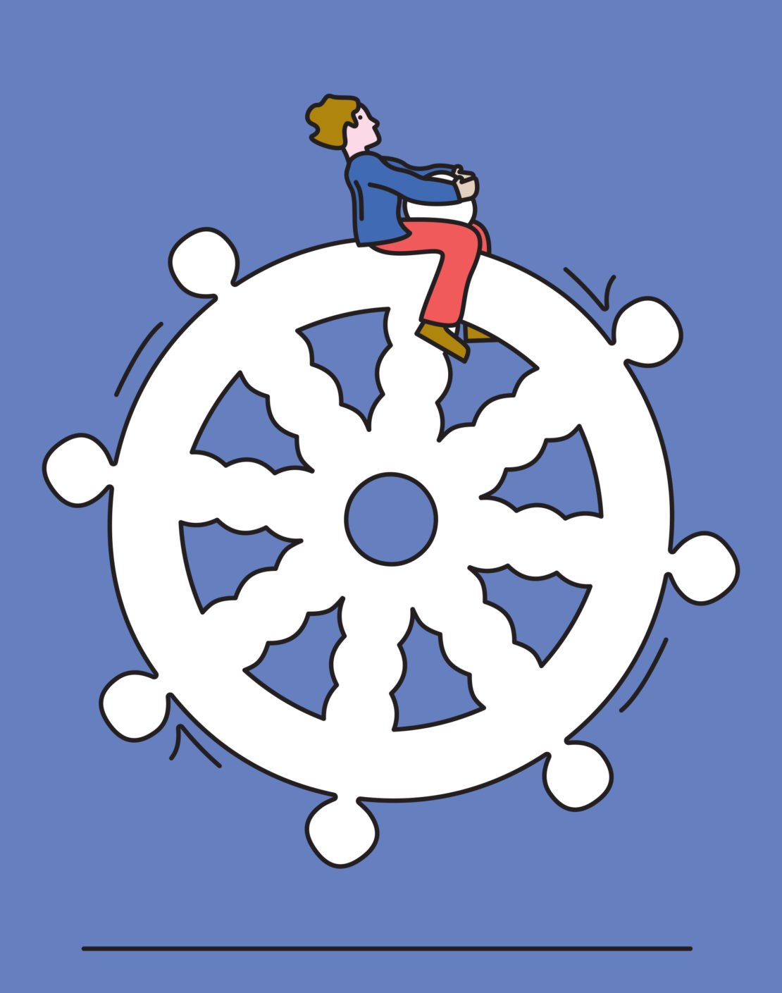 Illustration of a person sitting atop a large, white, wheel-like object against a blue background, evoking a sense of balance or direction.