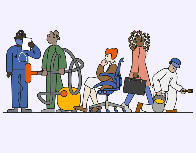 Illustration of diverse professionals including a doctor, cleaner, office worker, business person, and painter standing in a row.