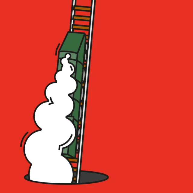 Cartoon illustration featuring a green steam train emerging from a hole, billowing white smoke, and climbing tracks against a red background.