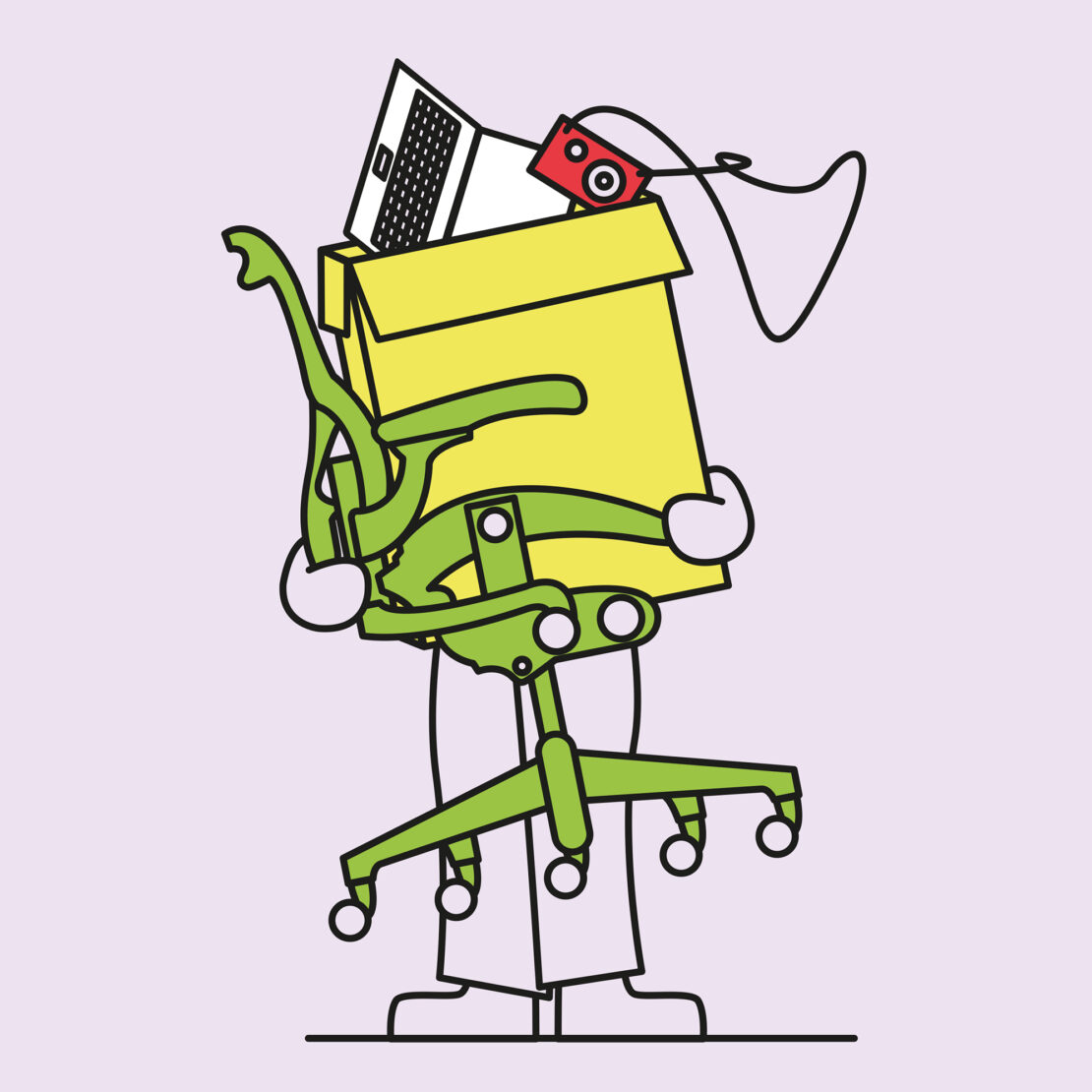 Illustration of a person carrying a yellow box containing a laptop and camera, along with a green office chair, on a light purple background.