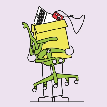 Illustration of a person carrying a yellow box containing a laptop and camera, along with a green office chair, on a light purple background.