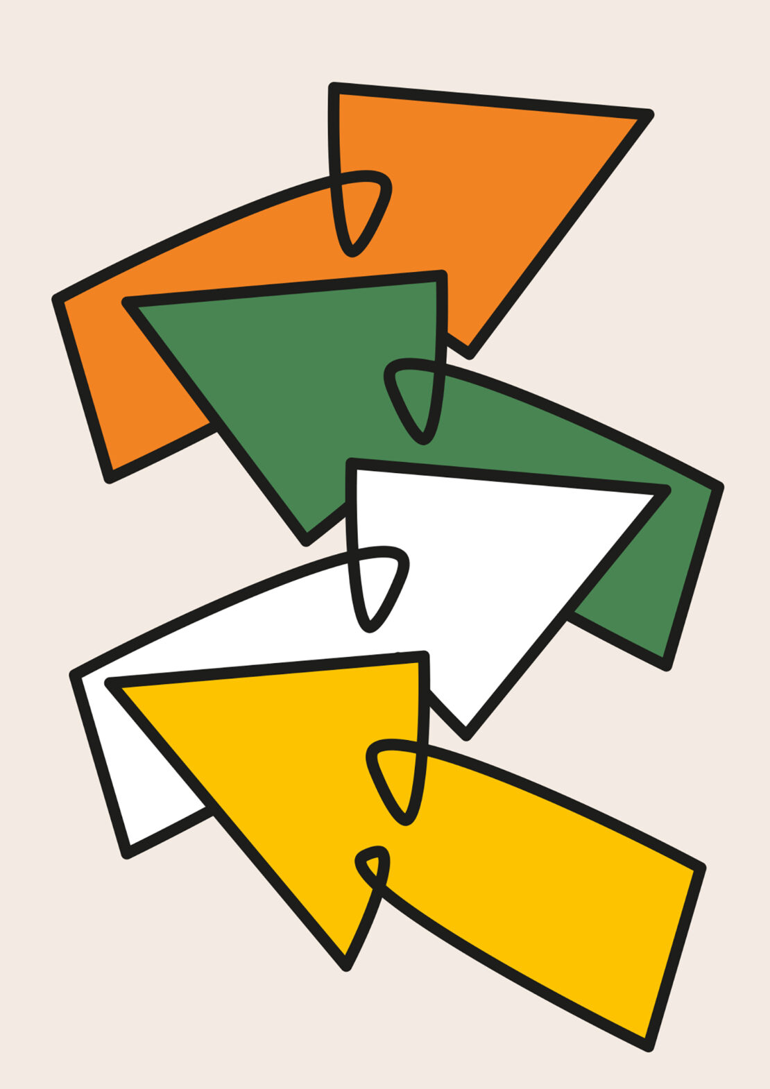 Abstract geometric art featuring interlocking orange, green, white, and yellow triangle shapes, suitable for modern design projects.