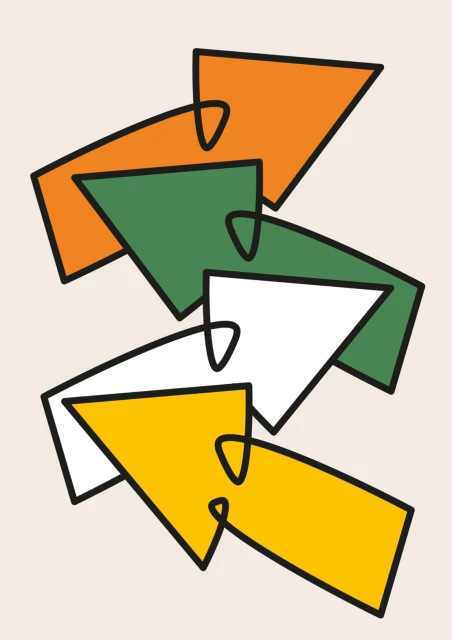 Abstract geometric art featuring interlocking orange, green, white, and yellow triangle shapes, suitable for modern design projects.