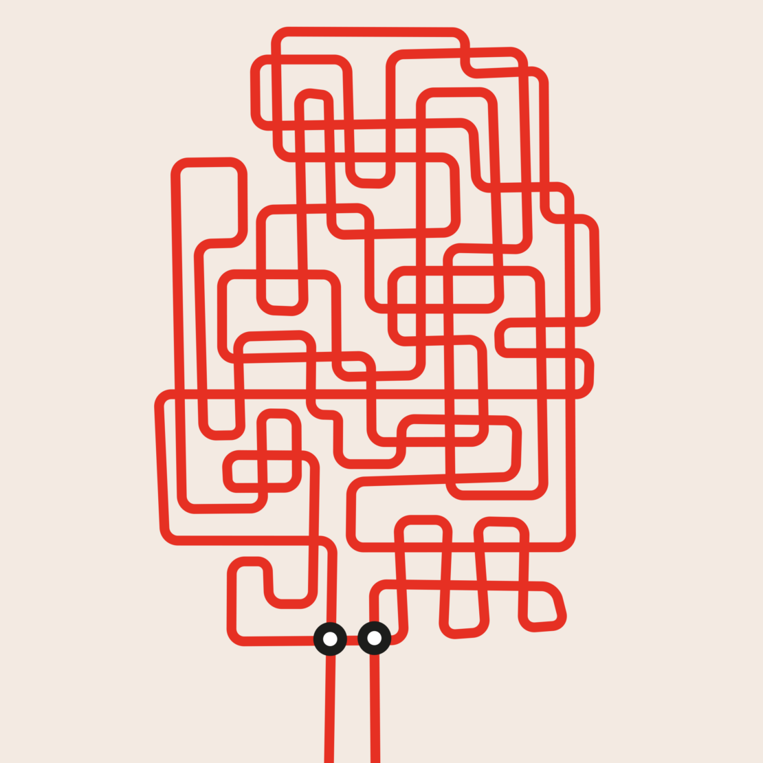 Abstract illustration of a red, maze-like design against a beige backdrop, resembling a stylized tree shape with rounded lines.