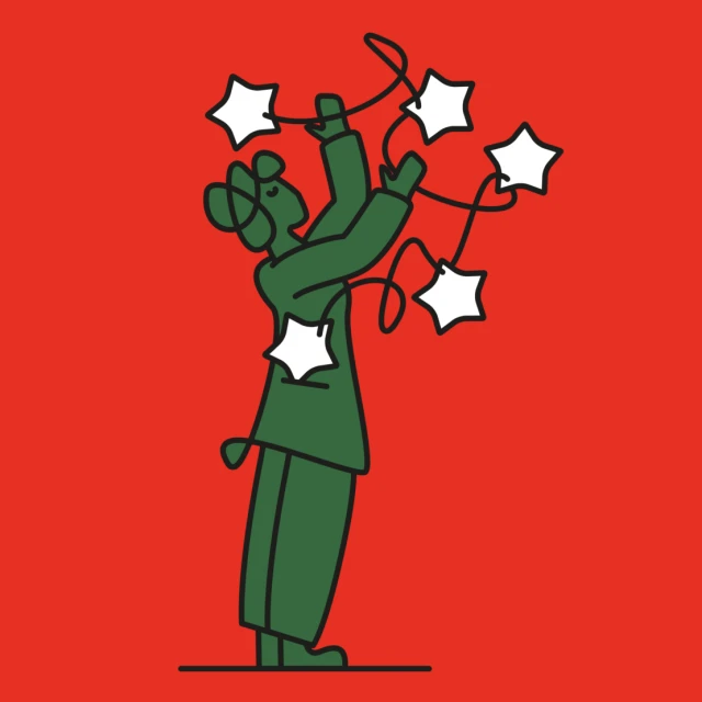 Illustration of a green-skinned person standing on a red background, hanging star-shaped lights with white fills and black outlines.
