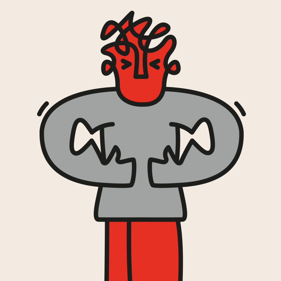 Illustration of a red stylized figure with a grey shirt and red pants, expressing disapproval with arms crossed and an upset expression.