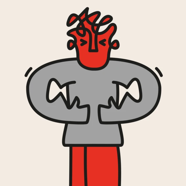 Illustration of a red stylized figure with a grey shirt and red pants, expressing disapproval with arms crossed and an upset expression.
