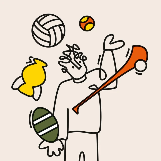 Line art illustration of a person juggling various sports balls including a volleyball, an American football, and a Gaelic hurling stick.