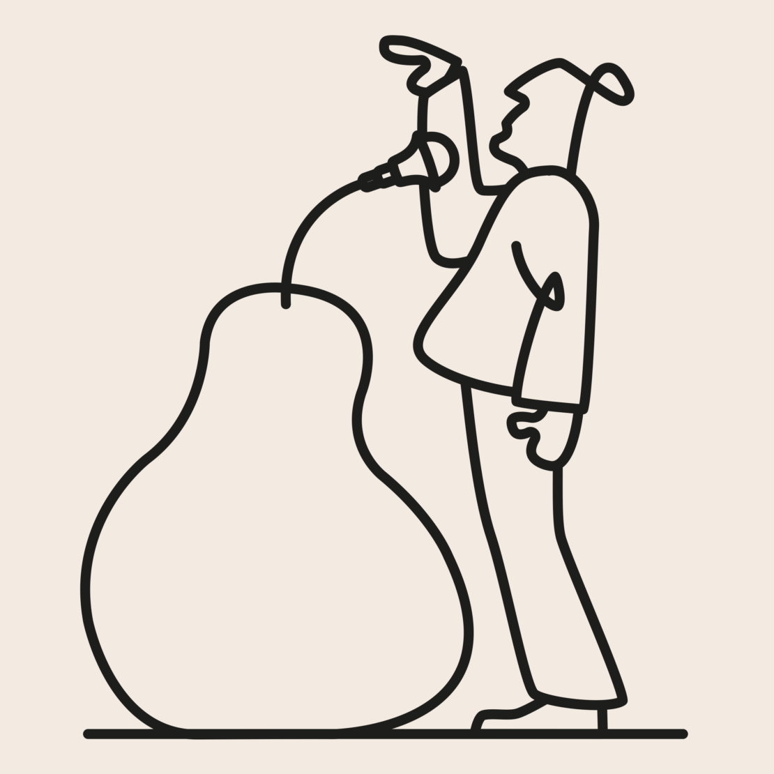 Line art illustration of a man in a jacket standing next to a pear-shaped object and holding a microphone in front of his face.