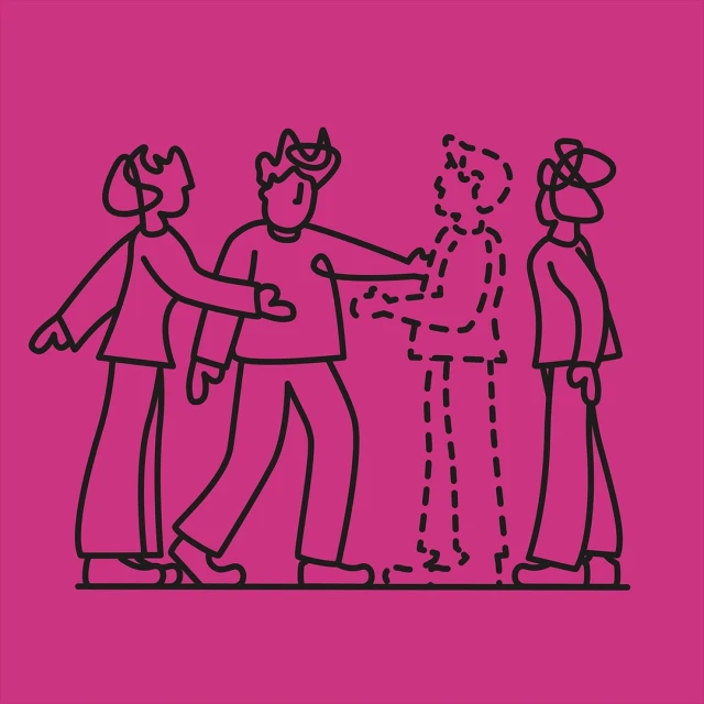 Illustration of four people in black outlines on a pink background. One person is missing/dashed, standing in a group of four.
