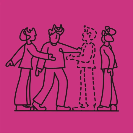 Illustration of four people in black outlines on a pink background. One person is missing/dashed, standing in a group of four.