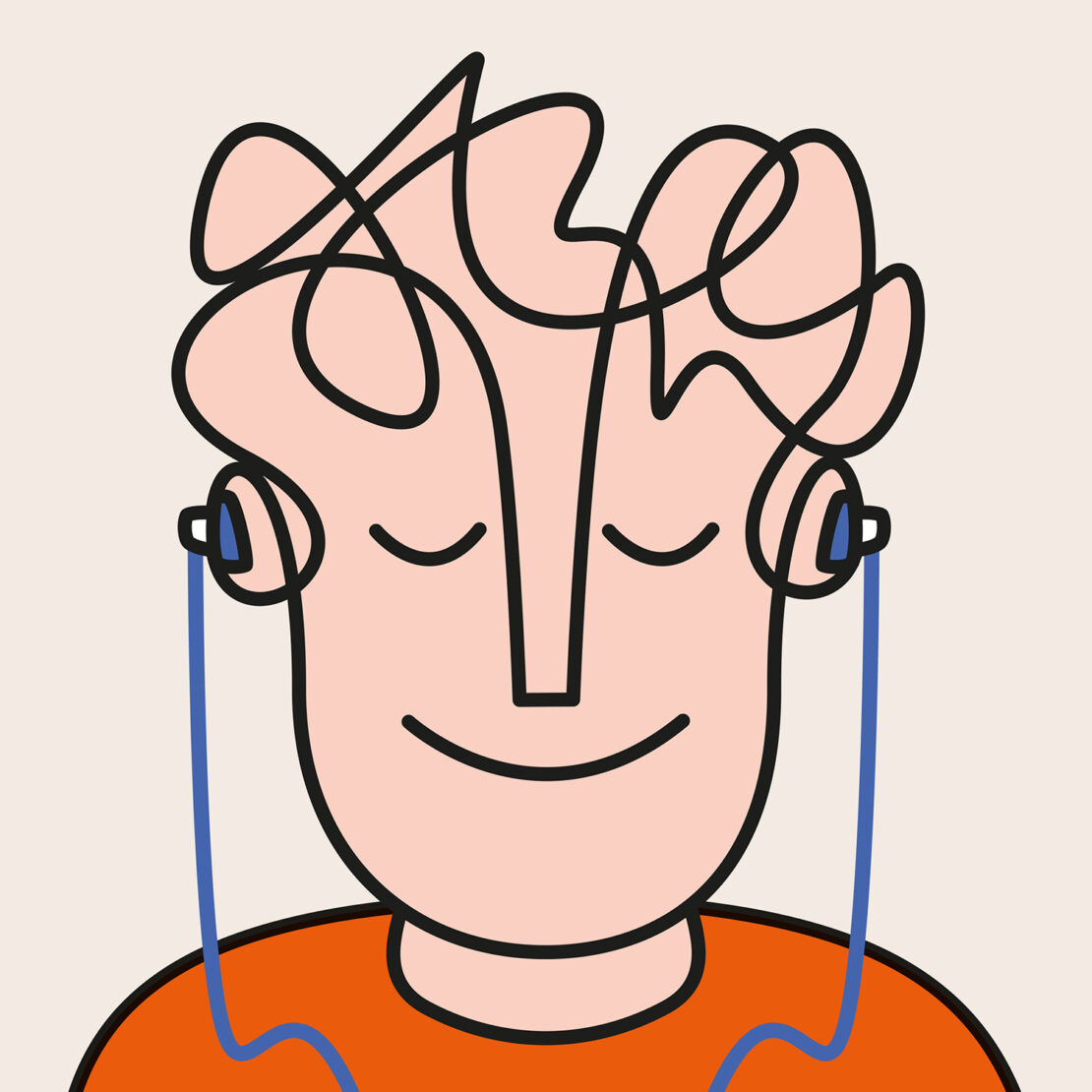 Illustration of a person with closed eyes wearing earbuds and smiling with black outlines on a light tan background, in orange t-shirt.