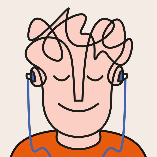 Illustration of a person with closed eyes wearing earbuds and smiling with black outlines on a light tan background, in orange t-shirt.