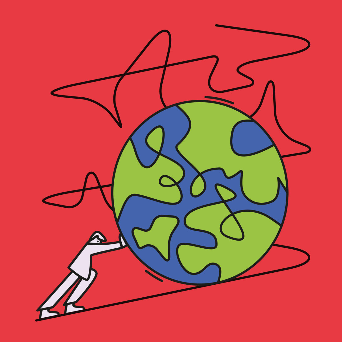 Illustration depicting a man pushing a globe uphill on a red background with black lines. Concept art with digital drawing.