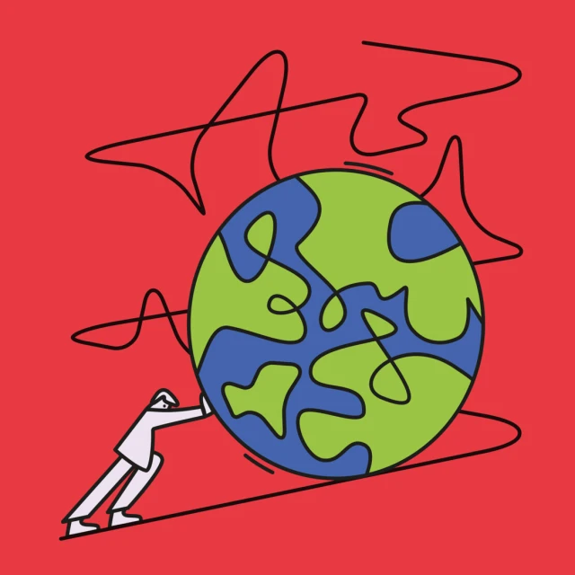 Illustration depicting a man pushing a globe uphill on a red background with black lines. Concept art with digital drawing.