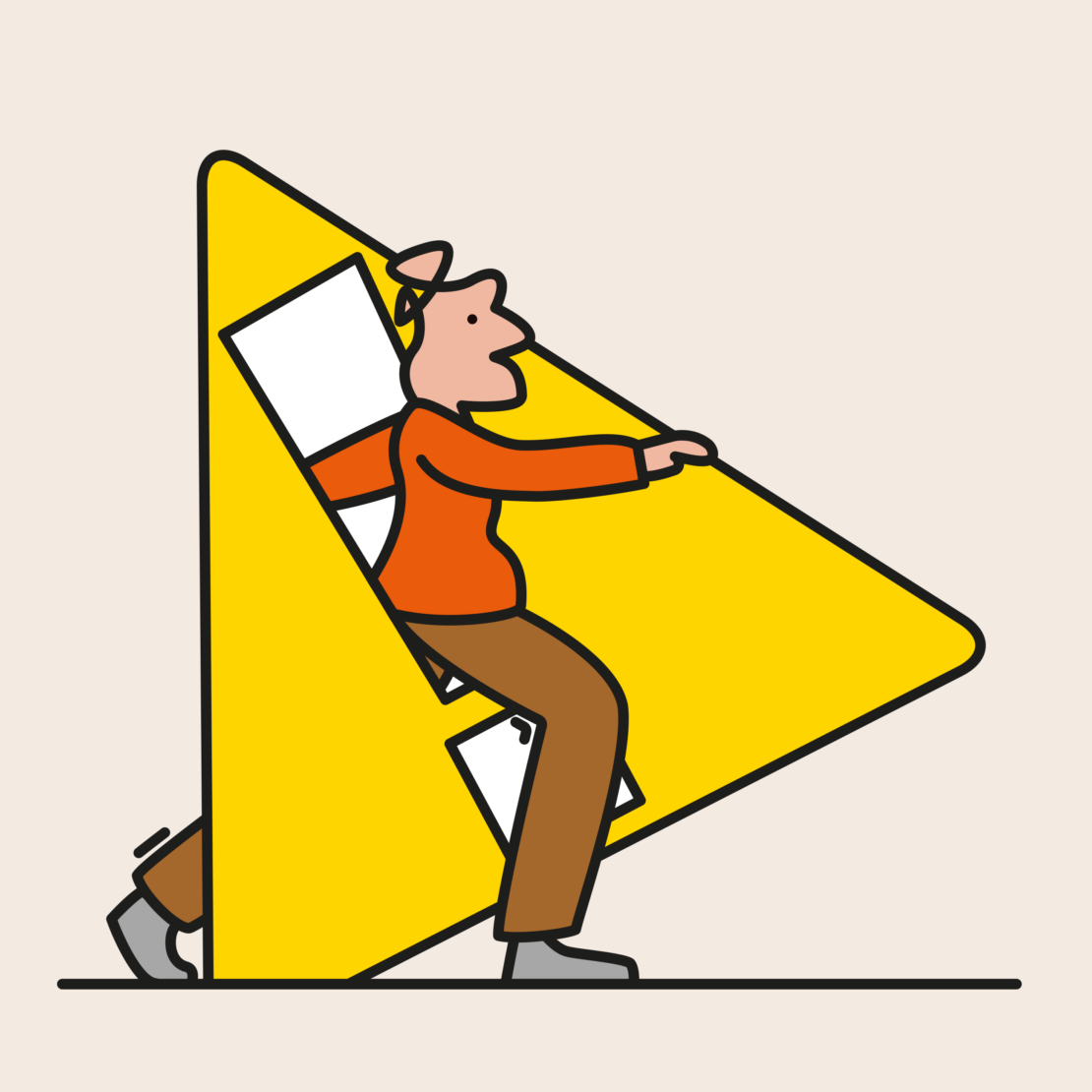 Stylized vector art shows a person in brown pants and an orange shirt walking to the right and pushing a yellow triangular shape.