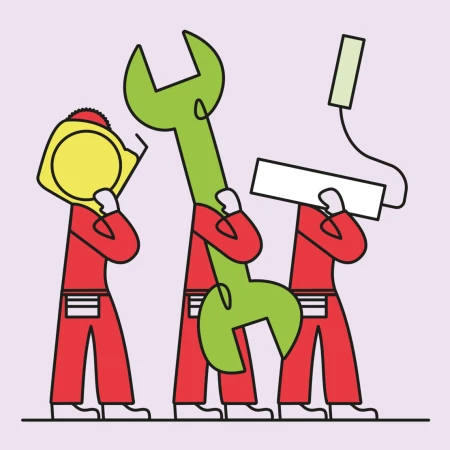 Illustration of three figures in red jumpsuits carrying a tape measure, wrench, and paint roller on a lavender background.