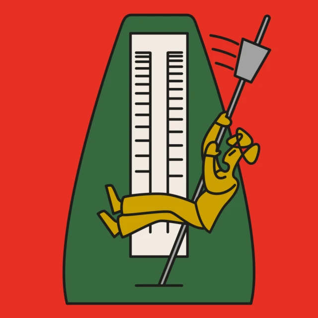 Illustration of a person swinging on a metronome pendulum, set against a red background, in a modern cartoon style.