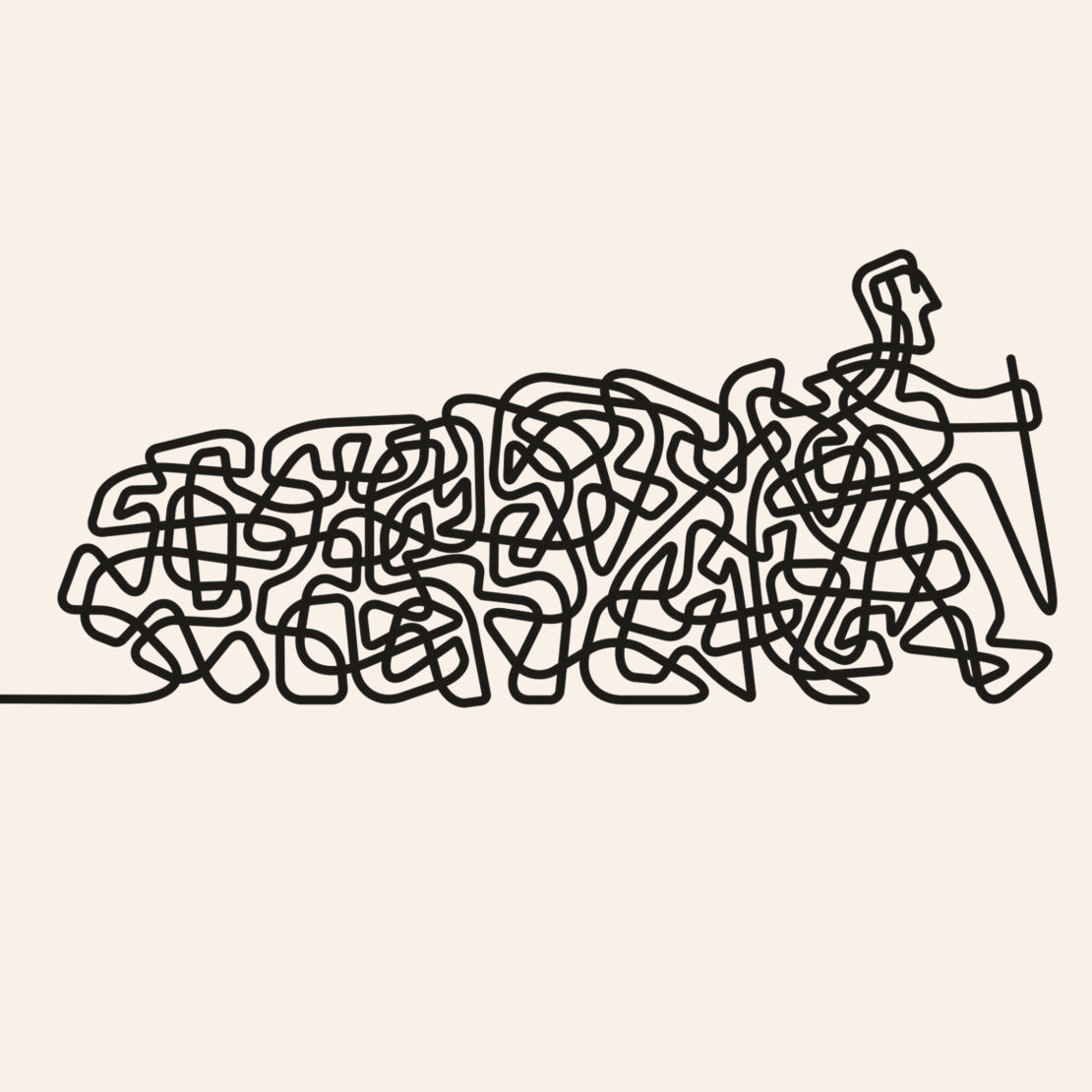 Line art illustration of a human figure with a cane emerging from a chaotic tangle of lines against a cream background.