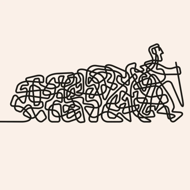 Line art illustration of a human figure with a cane emerging from a chaotic tangle of lines against a cream background.