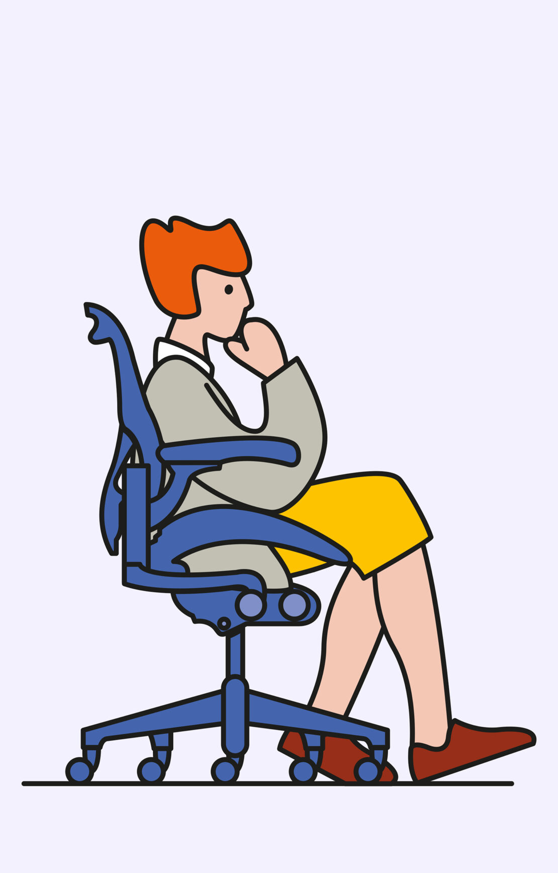 Illustration of a fair-skinned adult sitting in a blue office chair in profile, with an orange haircut and gray shirt.