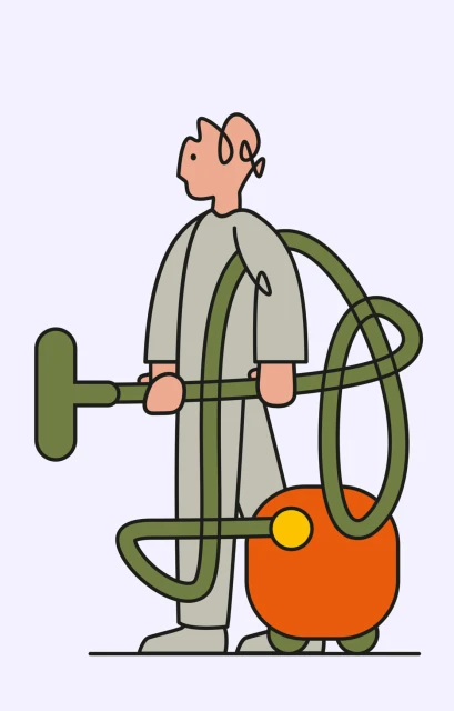 Illustration of a person in a grey suit holding a vacuum cleaner with an orange canister on a light purple background.